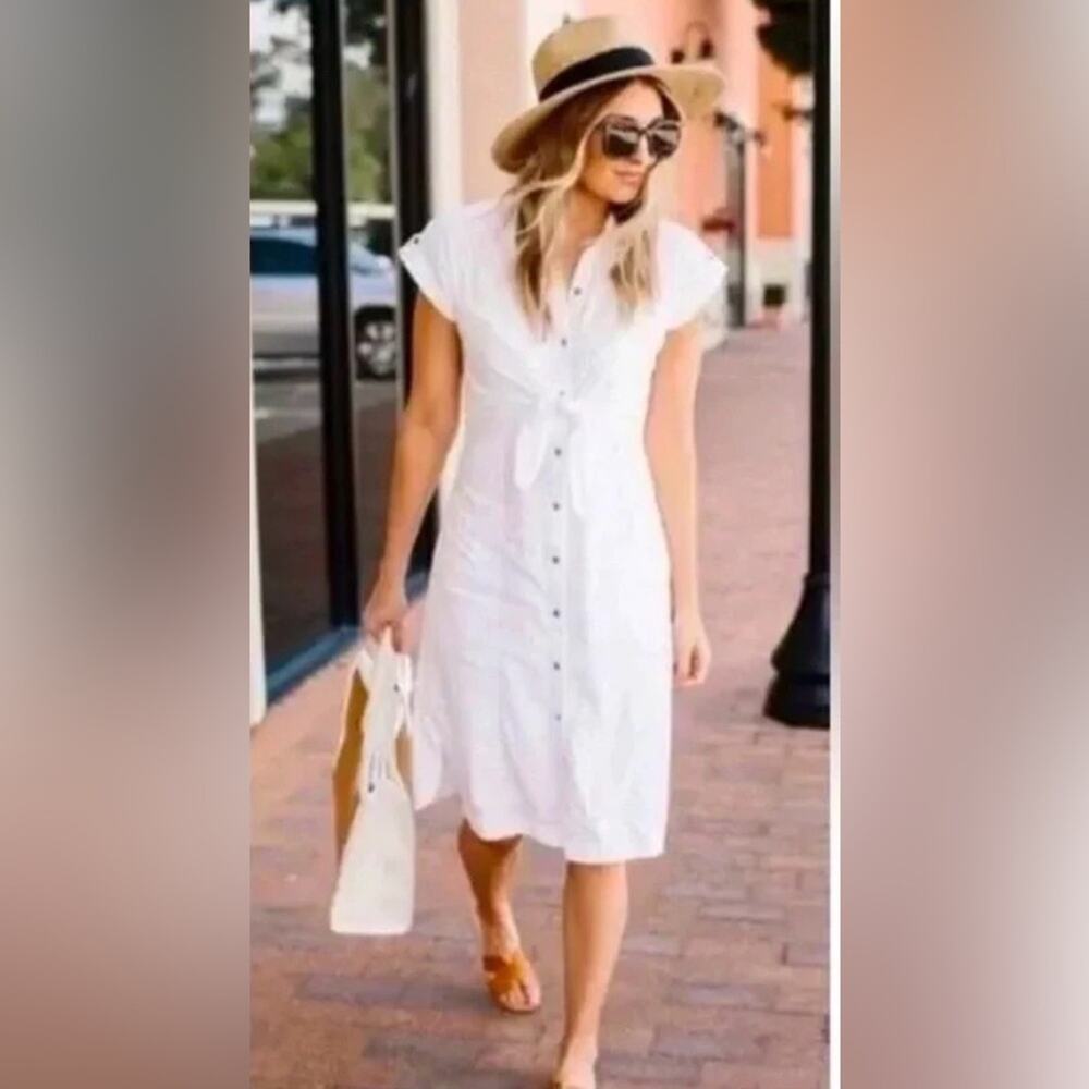 Anthro Maeve Linen Tie Front Shirt Dress White Size 0 Coastal Preppy Midi - Picture 10 of 11
